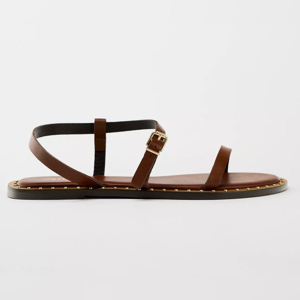 Zara Brown Flat Leather Sandals NWT sz 9